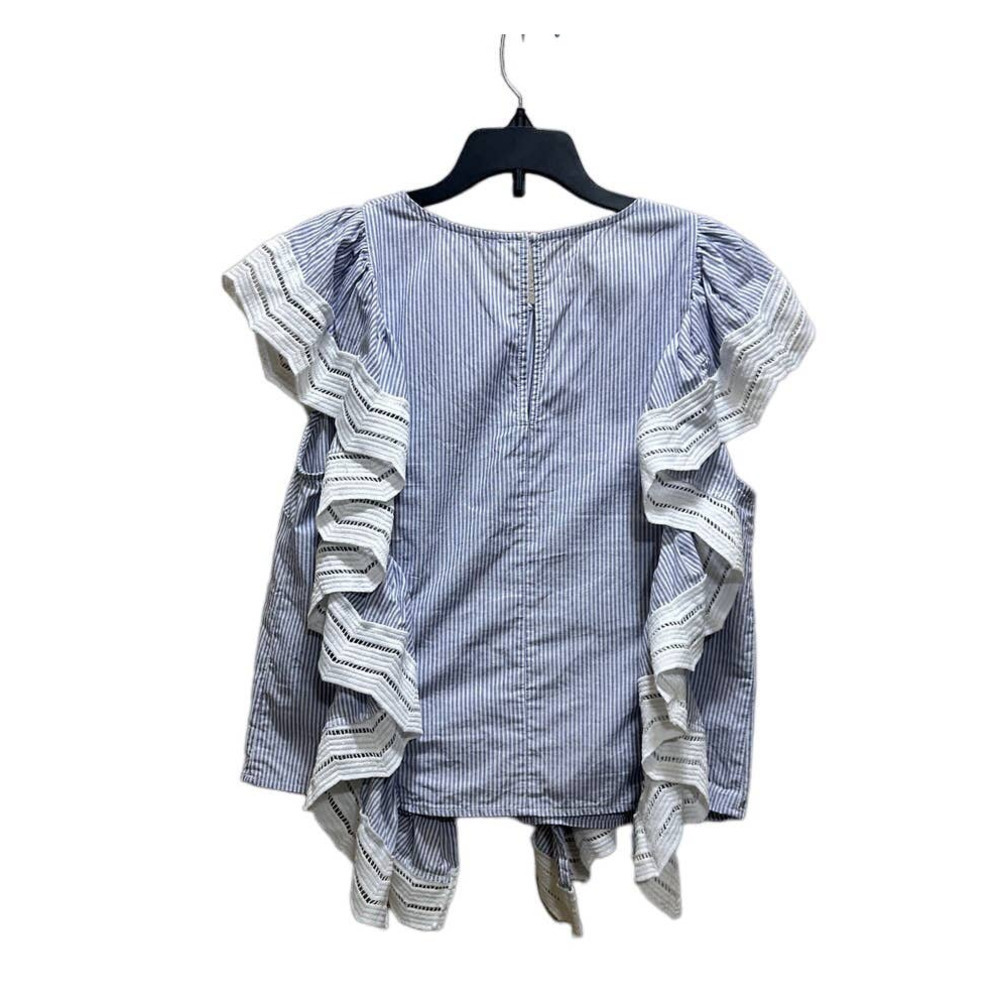 ENGLISH FACTORY Blue White Pinstripe Shirt M Ruffle Cap Top Boho Indie Festival - Picture 6 of 9